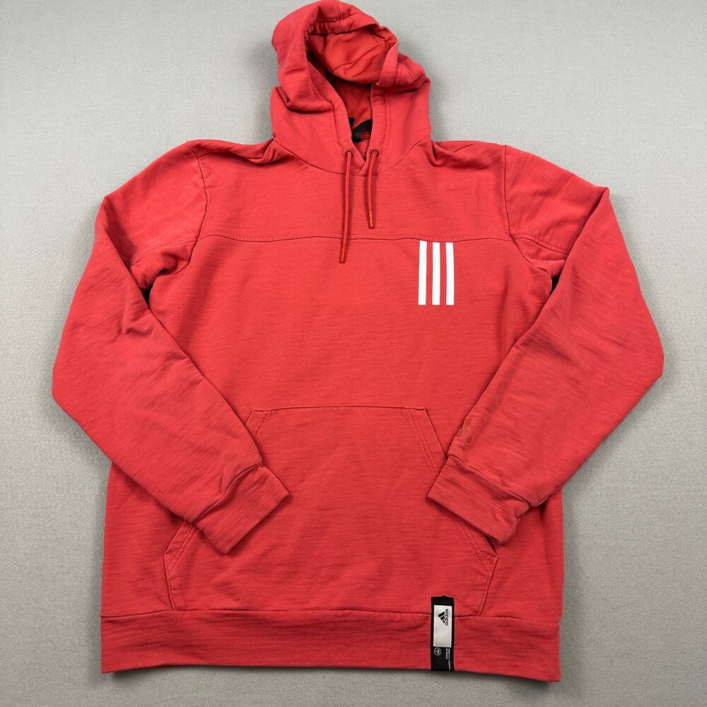 Adidas Hoodie Men Medium Red 3-Stripes Chest French Terry Pullover Sweatshirt M